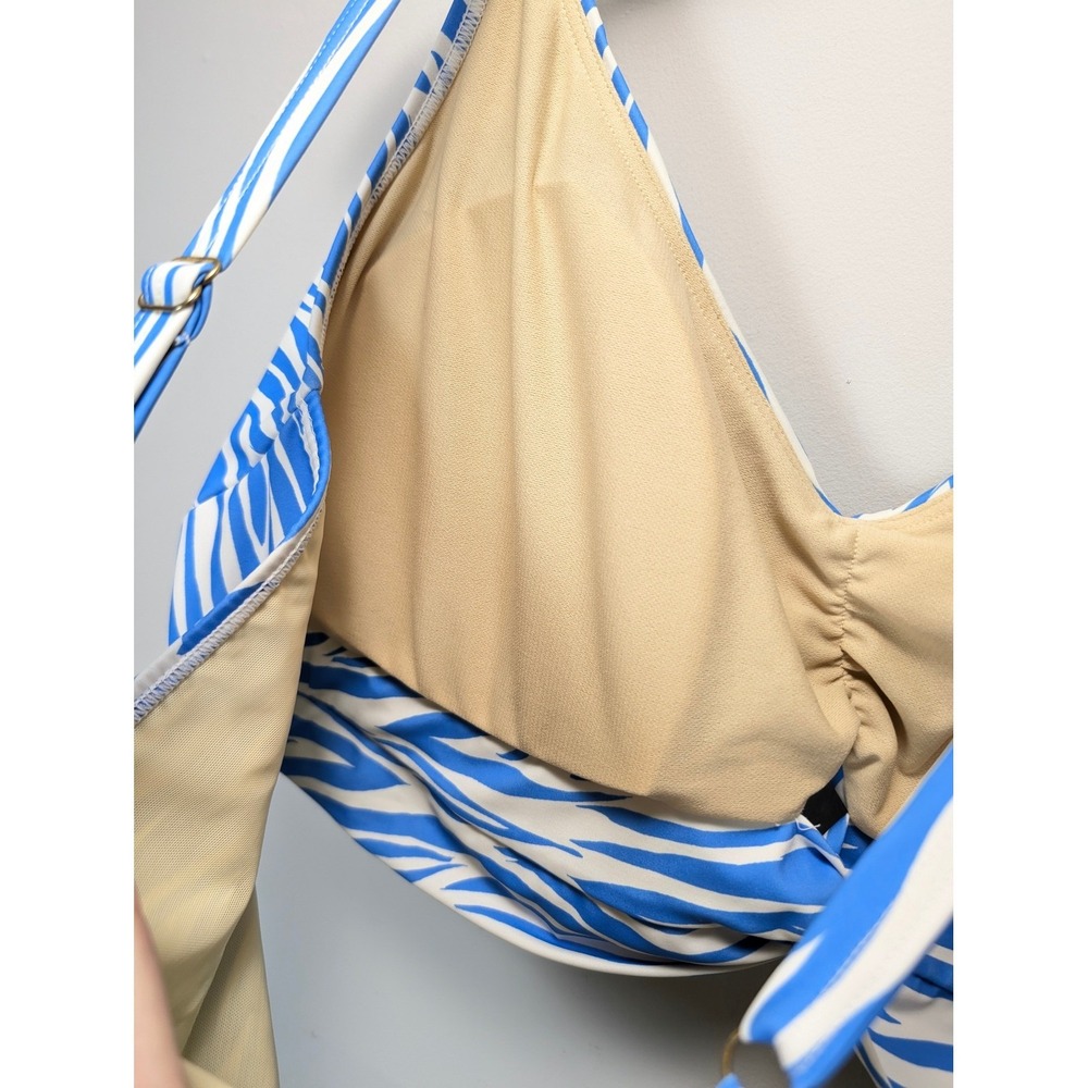 Blue White Zebra Print High Waisted Bikini Set Twist Front Ruched Swimsuit - Picture 5 of 10